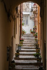 Vertical shot of a narrow stair with plants between residential buildins in Cefalu Old Town