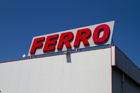 FERRO Group logo sign. Bathroom supply producer company headquarters building with brand logotype signboard. Manufacturer of sanitary and installation fittings on August 5, 2022 in Skawina, Poland.