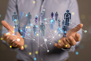 holding 3D rendering group of blue people