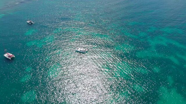 Drone shot of the speed boats in Guadeloupe of the Caribbean