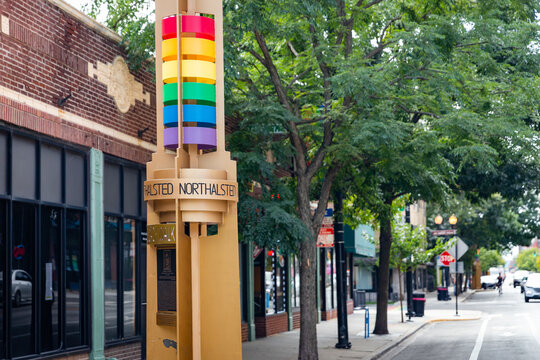 CHICAGO, IL, USA - SEPTEMBER 17, 2020: Chicago's Boystown neighborhood, also known as Northalsted, is one of the largest LGBTQ areas in the United States with rainbow flags and signs hanging outside.