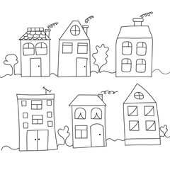 Set of houses in style of doodles on white background. Vector isolated image for web design or clipart