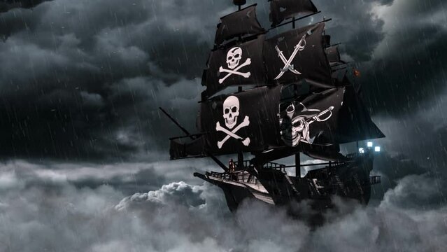 Jolly Roger Sky Pirate Galleon in the Storm with Rain  - Loop Landscape Animation Motion Background
