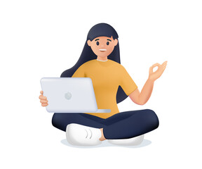 Freelance worker, studying remotly, online education. 3D young woman sitting with laptop. 3d vector people character illustration. Work at home. Cartoon, Typing On Computer, Online career, developer