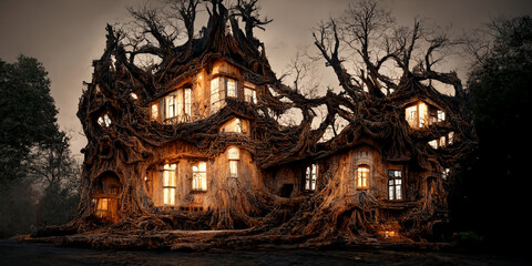 Fototapeta premium Abadoned haunted horror house in dead trees