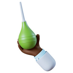 3d render. Medical enema icon. African doctor cartoon hand holds big green clyster. Healthcare clip art isolated on transparent background