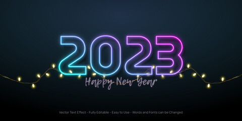2023 happy new year 3d text style neon light Editable with decorative lights