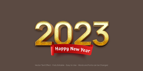 Editable text number 2023 3d gold effect and a red ribbon underneath