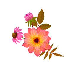 Fall flowers and leaves, autumn bouquet. Vector cartoon illustration isolated on white background, template for greeting card.