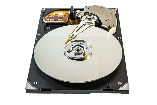 Hard disk drive disassembly open cover show magnatic disk circle inside on transparent background png file
