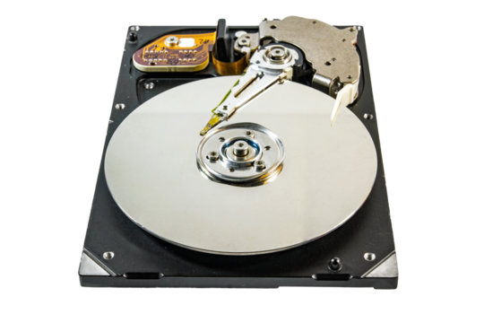 Hard disk drive disassembly open cover show magnatic disk circle inside on transparent background png file