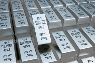 Stacks of silver bullions of 999.9 purity. 3D illustration of the concept of increasing silver futures price and wealth