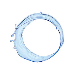 3d render, blue water splash clip art isolated on transparent background. Round liquid shape, splashing wave.
