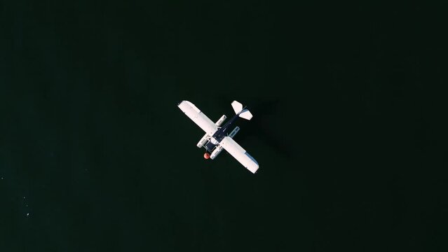 Aerial view of a seaplane on the lake in Gibsons, BC, Canada