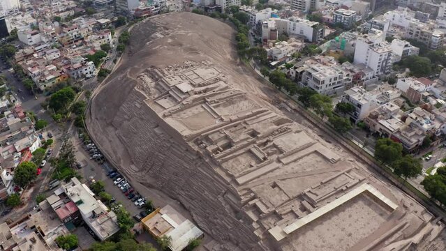 Aerial view of the buildings and Huaca Pucllana in Lima, Peru