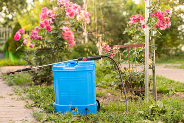 Naklejka premium Protecting plant from vermin with pressure sprayer