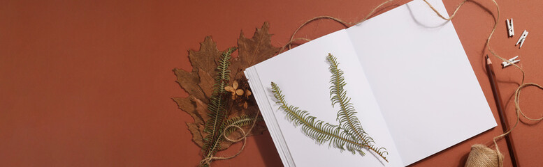 Dried pressed leaf on paper from notebook with pencil , scissors and twine on brown background. hobby, handmade , floral art and boho concept. banner