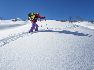 Active man ski touring on mountain skis or splitboard at winter day