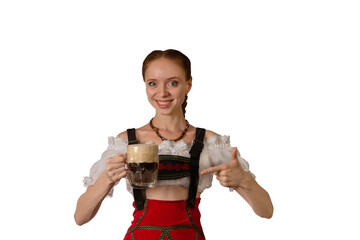 sexy oktoberfest waitress dressed in traditional bavarian shorts serving big mug of beer isolated 