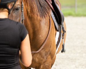 Obraz premium Woman standing in front of a sleepy horse. 