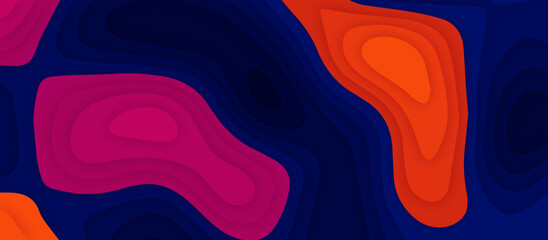 Luxurious Orange Blue and Pink gradient abstract papercut background with 3d geometry circles. Orange Blue and pink paper cut banner with 3D slime abstract background and orange waves layers.	

