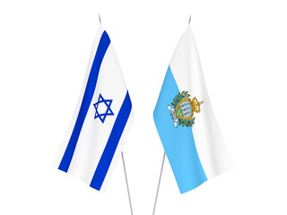 National fabric flags of San Marino and Israel isolated on white background. 3d rendering illustration.