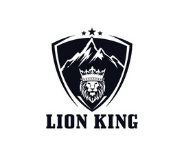 lion king shield logo vector design with mountain