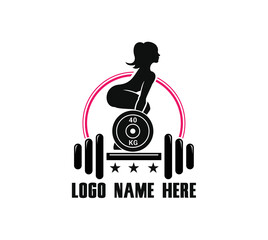 fitness girl with heavy barbell, character, logo.