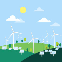 Wind turbines ecology on nature background. Solar panels and clean energy vector. sustainable and environment concept. vector illustration in flat style modern design.