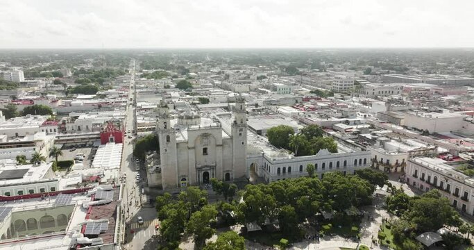 Aerial view of Merida downtown with Plaza Grande and Cathedral in Mexico