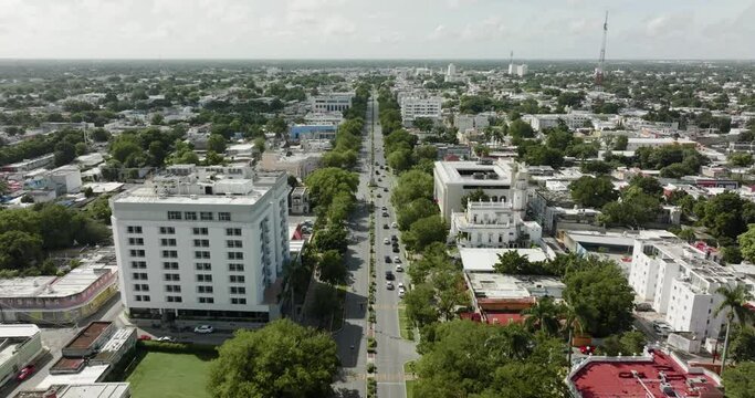 Aerial view of Merida downtown and Paseo de Montejo avenue in Mexico