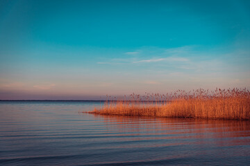 Beautiful sunrise over the lake with blue sky and orange cane.