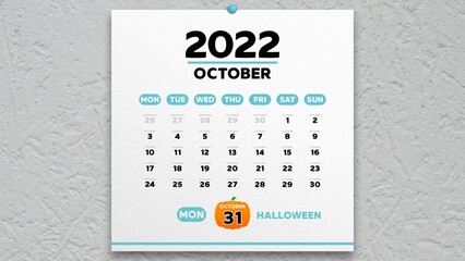 A beautiful October page of the calendar 2022 with the big marked Halloween date on it