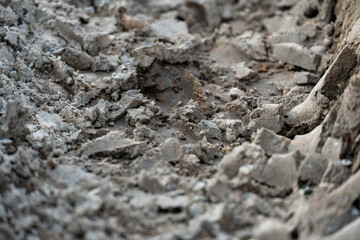A deep car track on a Russian dirt road after rain. The imprint of car tires on the dirt. Dried mud on the roads in the village.