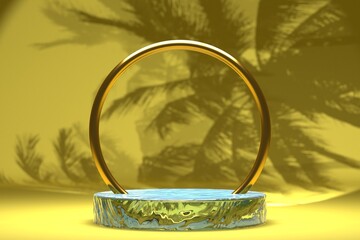 water stand with golden ring for cosmetic product exhibition. with palm shadow on background. 3d render illustration