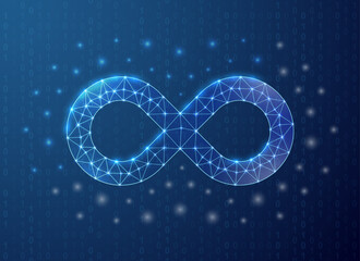 Infinity polygonal symbol with binary code background. Forever concept design vector illustration. Blue Unlimited low poly symbol with connected dots