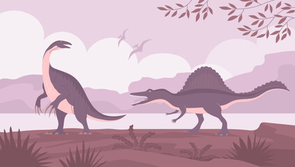 Therizinosaurus with claws vs spinosaurus. Carnivorous lizards. Big pangolin. Ancient dinosaurs of the Jurassic period. Vector cartoon illustration. Prehistoric nature background. Wild landscape