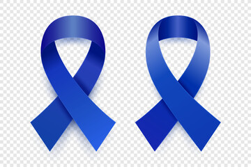 Vector 3d Realistic Dark Blue Ribbon Set. Colon Cancer Awareness Symbol Closeup. Cancer Ribbon Template. World Colon Cancer Day Concept