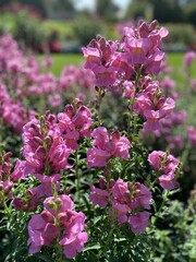 Snapdragon pink flowers in the garden. Sunny summer day.