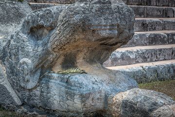 Fototapeta na wymiar Chichen Itza kukulcan snake with lizard reptile in the open mouth, Mexico
