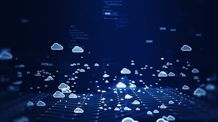 Cloud and edge computing technology connectivity concept. Binary code polygons and small cloud icons are on a dark blue background.