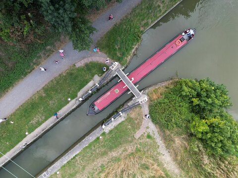 Top view of barges in the harbor in Devizes, Wiltshire