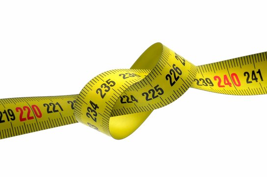 3D render of a knotted tape-measure on a white background