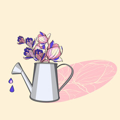 Garden watering can with magnolia and crocus flowers with shadow on a beige background vector illustration 