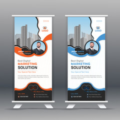 Corporate roll-up and web banner template for business with blue and white background