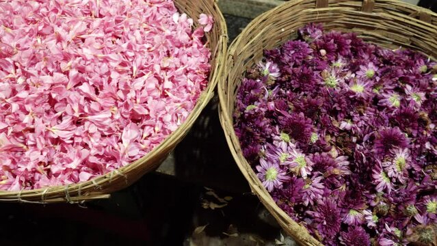 Flowers straw basket for display at baazar, Mumbai, India