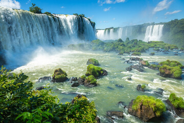 Dramatic Iguacu falls in southern Brazil at sunny day