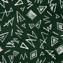 Seamless Pattern of Chalk Drawn Sketches White Scribbles on Green Chalkboard Backdrop. Stylized Grunge Endless Motif.
