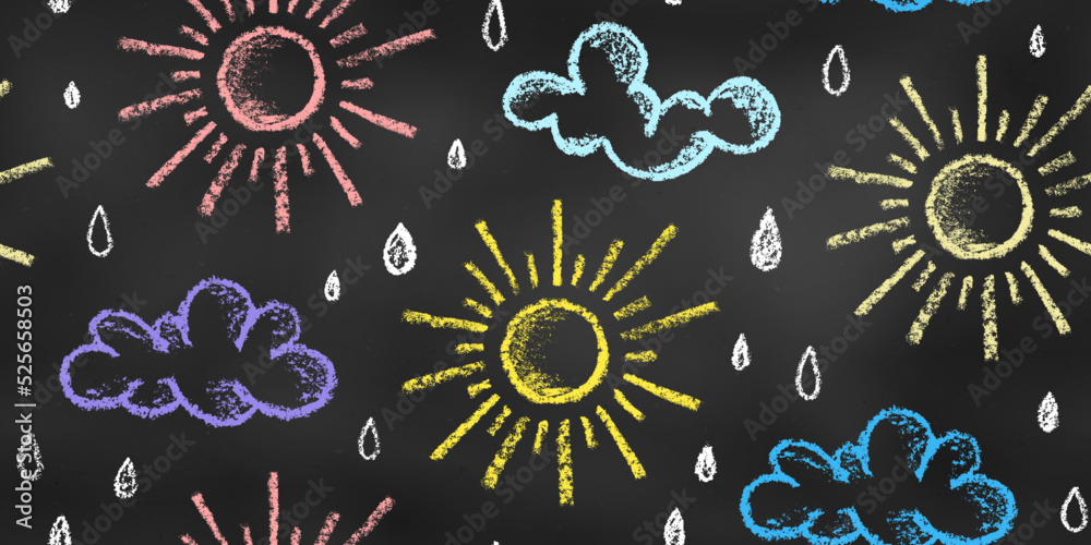 Wall mural seamless pattern of chalk drawn sketches suns and clouds on chalkboard backdrop. textural stylized g