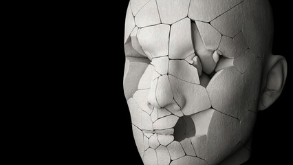 Abstract illustration of mannequin head. 3D Render, broken pieces, concrete texture.